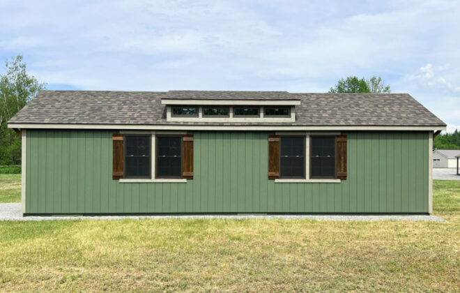 Side view of a tan Elite Dormer Shed