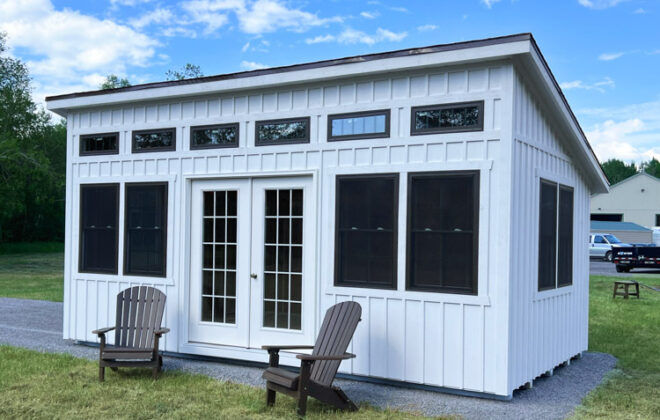 Front view of a White Elite Studio Shed